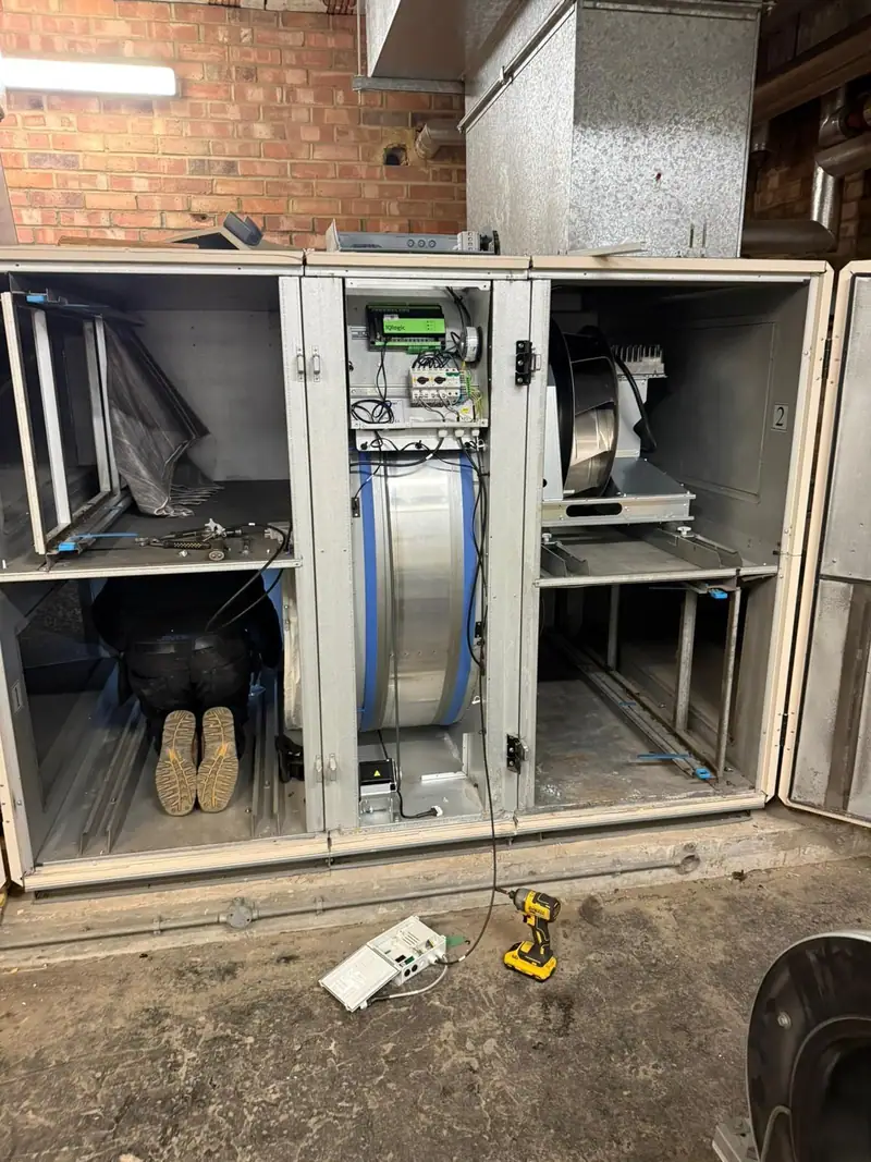 Heat recovery unit with its access panels open