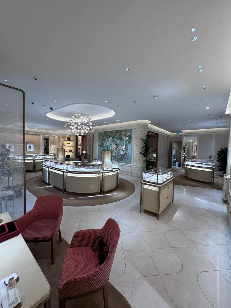Display cases and seating in the finished boutique